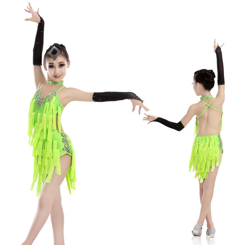 

Professional Children Latin Dance Dress Cha Cha/Rumba/Samba/Tango/Ballroom Costume Kids Girls Sexy Green Latin Fringe Dress