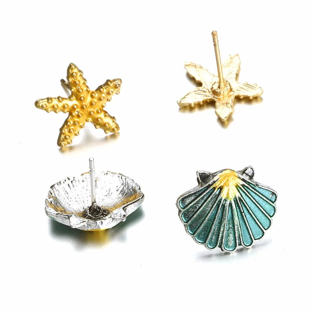 Vintage Starfish Shell Earring Set Shellhard Colorful Metal Sea Star Shell Stud Earrings Women Summer Beach Boho Ear Jewelry
