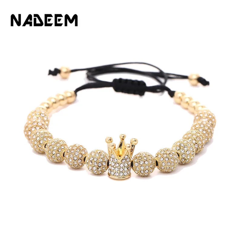 

Luxury Men Jewelry 8mm Copper Ball Cubic Micro Pave CZ Crown Charm Bead Braided Macrame Women Bracelet pulseira feminina