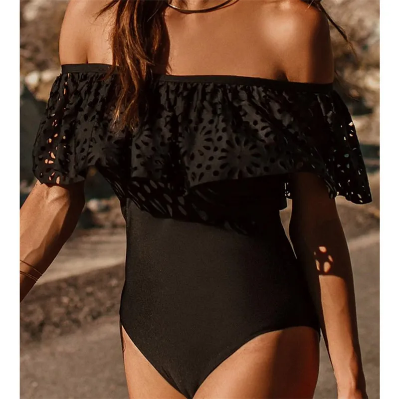 2019 Sexy Ruffle One Piece Swimwear Flounce Off Shoulder Swimsuit Women Bodysuit Monokini Female Bathing Suit Black White | Спорт и
