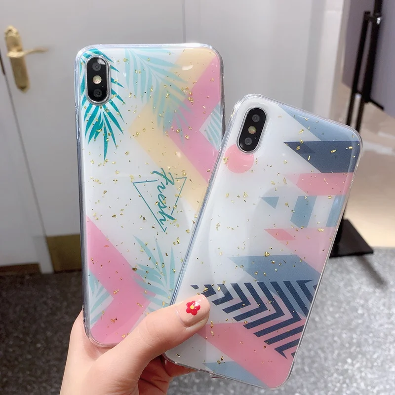 

Gold Foilded Glitter Phone Case For iPhone 7 6 6S 8 Plus Silicone Case for iPhone X XS Max XR Cover Retro Triangle Leaf Case