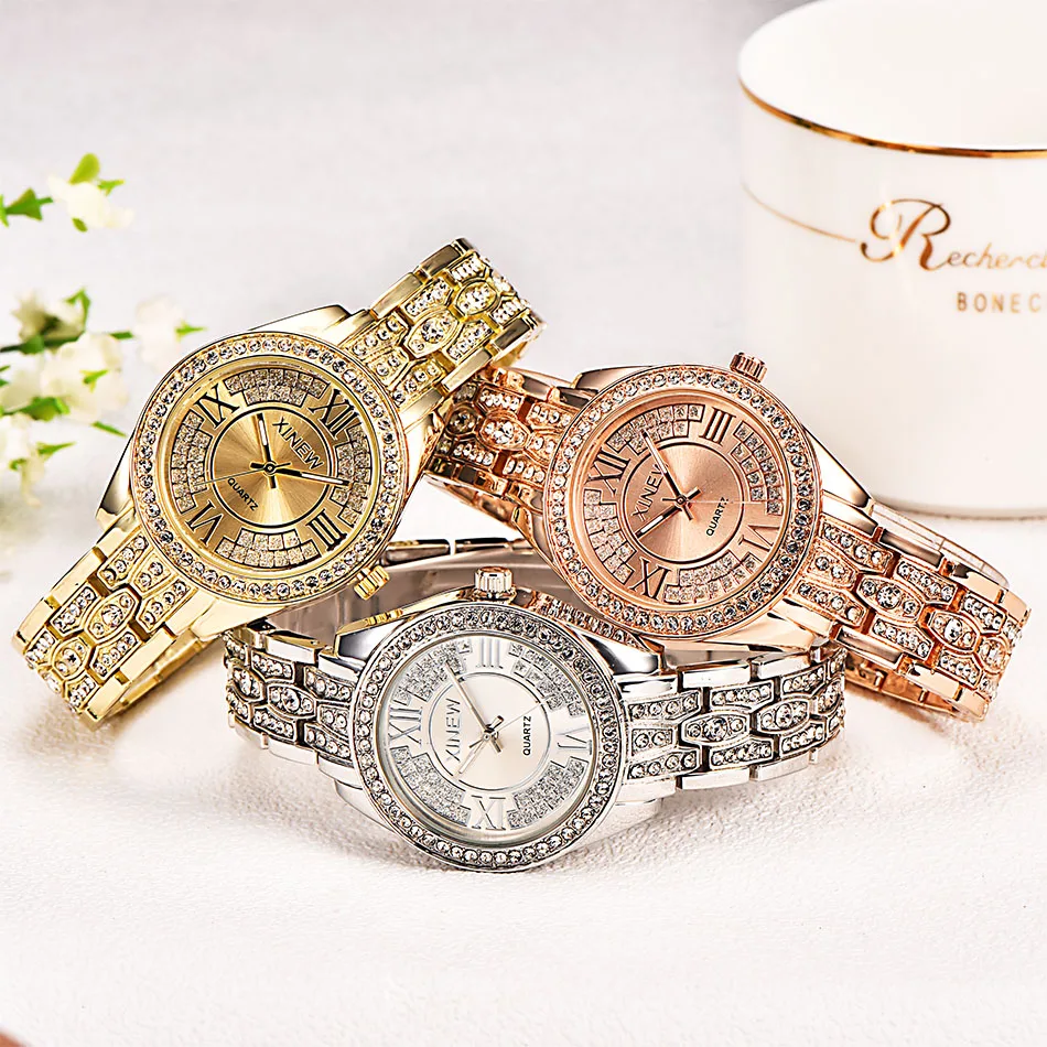 Золотые часы для женщин лучший бренд класса люкс XINEW Нержавеющая сталь Стразы повседневные кварцевые часы Montre Femme de Marque ЛЮКС