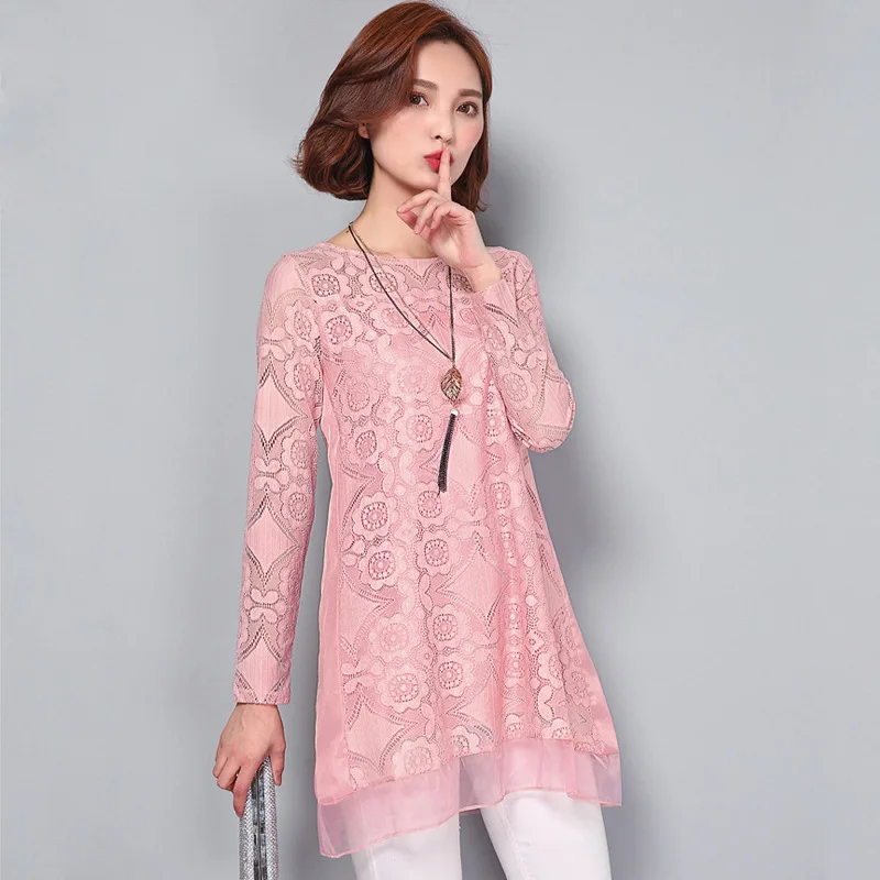 MLXSLKY весна и осень Новая женская Свободная шифоновая Кружевная блуза большого размера с длинными рукавами Женская длинная блуза - Цвет: Розовый