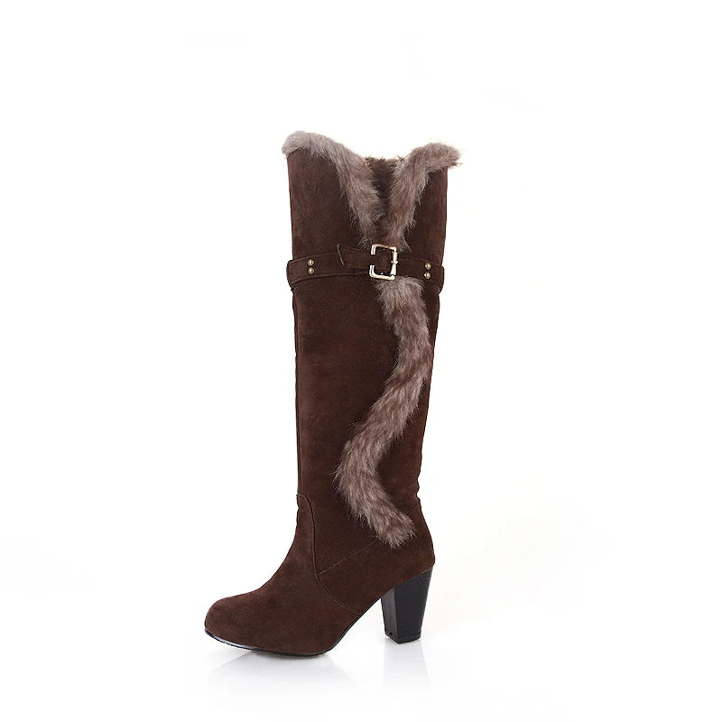 

2018 Women Plus Size 43 Winter Knee High 7.5cm High Heels Boots Female Suede Plush Block Heels Long Boots Lady Felt Brown Shoes