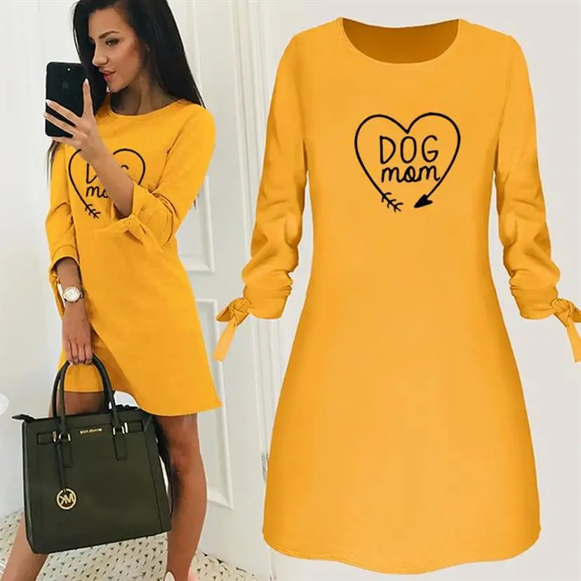 

Round Neck Solid Color Dress Dress Dog Paw Letters Print Beach Women Clothing Maxi Lolita Long Sleeve Dress Vestidos Verano 2019