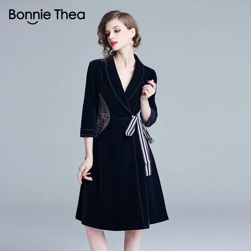 

Bonnie Thea women winter Velve party dress female blue Embroidery Elegant dress vestido lady Vintage autumn short dresses 2018