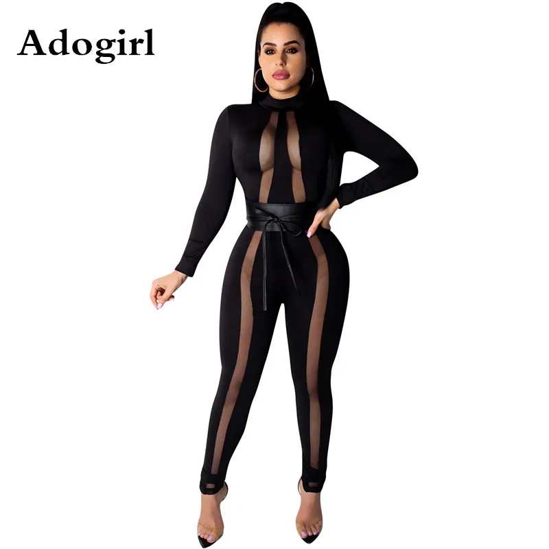Black See Through Front Mesh Stripes Jumpsuit Key Hole Back Bodycon Skinny Outfits With Belt Romper Night Club Playsuit | Женская одежда