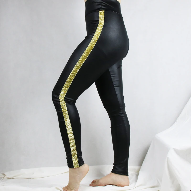 S-5XL леггинсы из искусственной кожи женские леггинсы с кружевным украшением черные брюки тонкие леггинсы плюс размер 5XL 4XL 3XL xxl - Цвет: Gold Strap