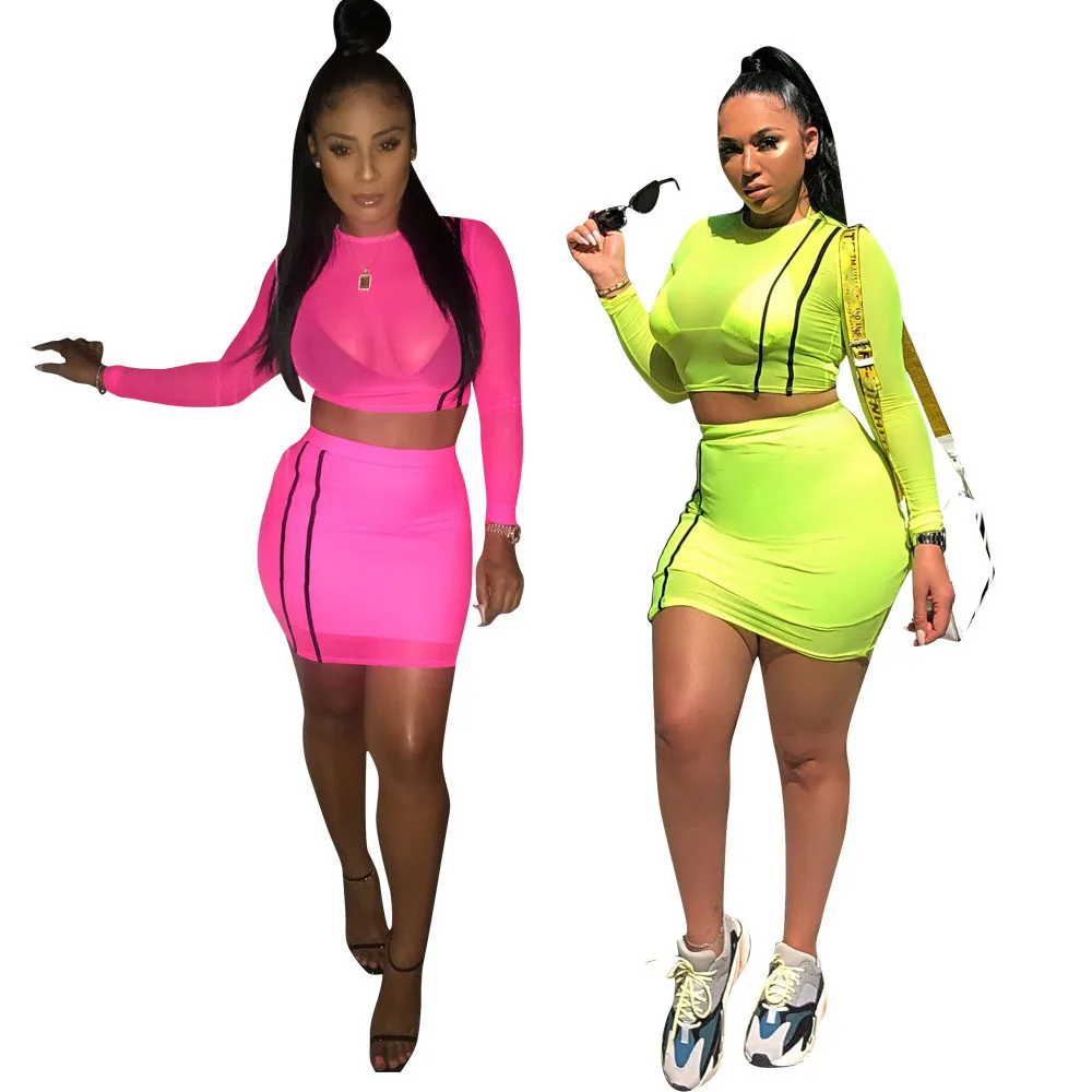 2 Piece Set See Through Mesh Crop Top And Mini Bodycon
