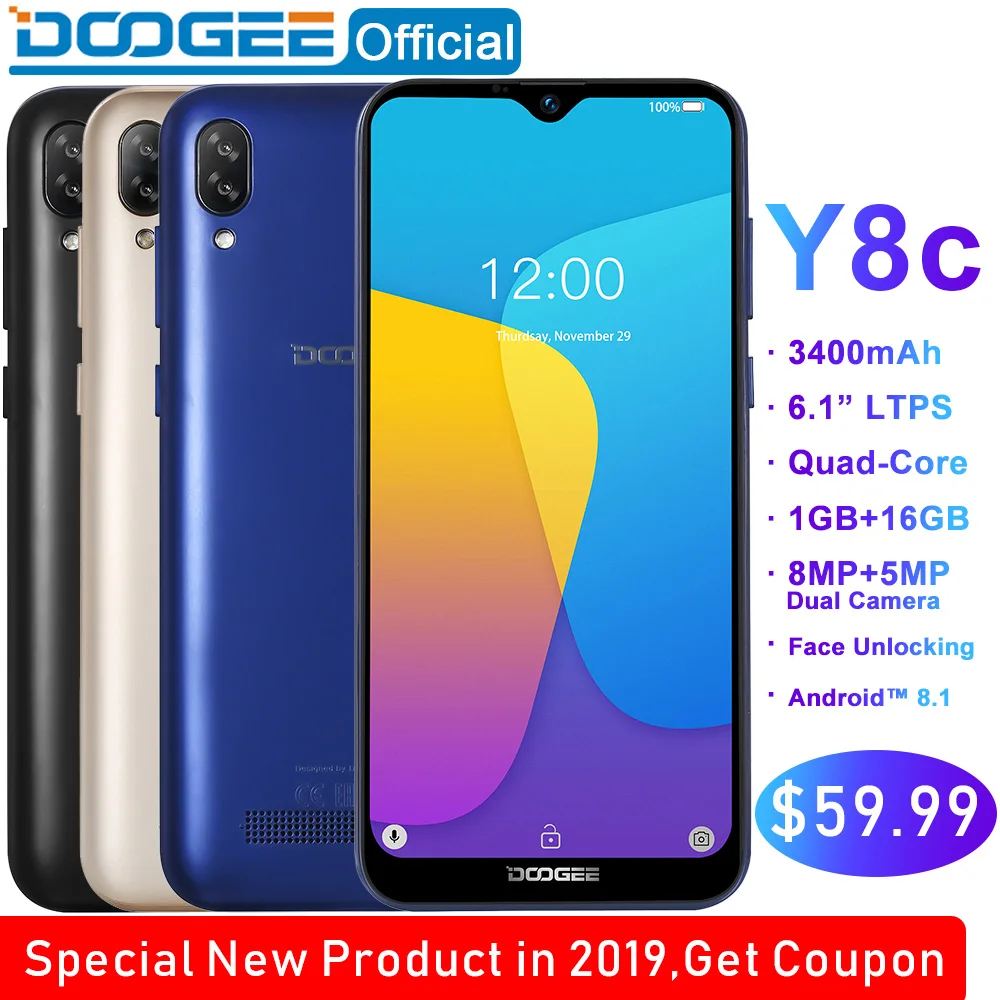 

DOOGEE Y8c Android 8.1 6.1inch 19:9 Waterdrop LTPS Screen Smartphone MTK6580 1GB RAM 16GB ROM 3400mAh Dual SIM 8MP+5MP WCDMA