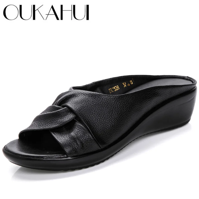 

OUKAHUI Genuine Leather Open Toe Female Slippers Woman Flip Flops Summer Shoes Slip-On Med Heel Wedges Slides Sandals Women 2019