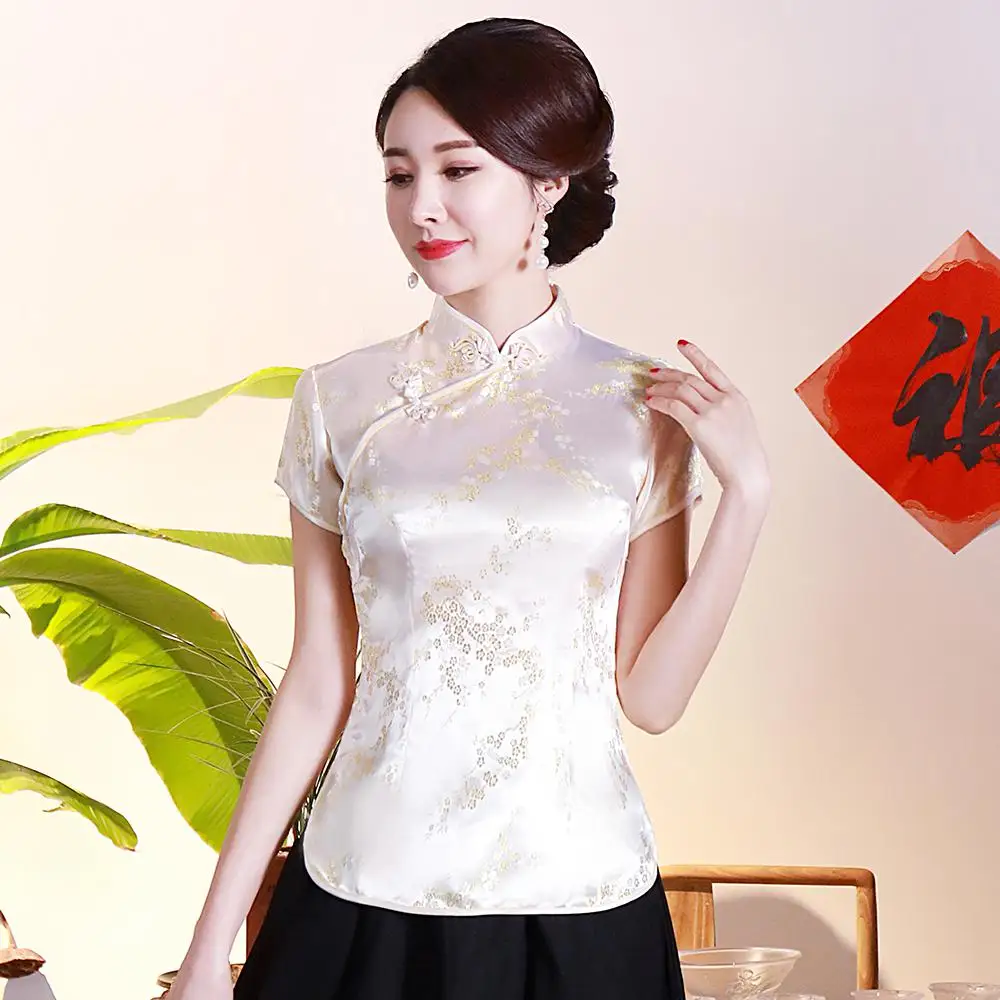 Красный классический китайский для женщин блузка из вискозы новые летние короткий рукав рубашка традиционный ручной работы Кнопка Цветок Топы корректирующи - Цвет: Yellow Flower
