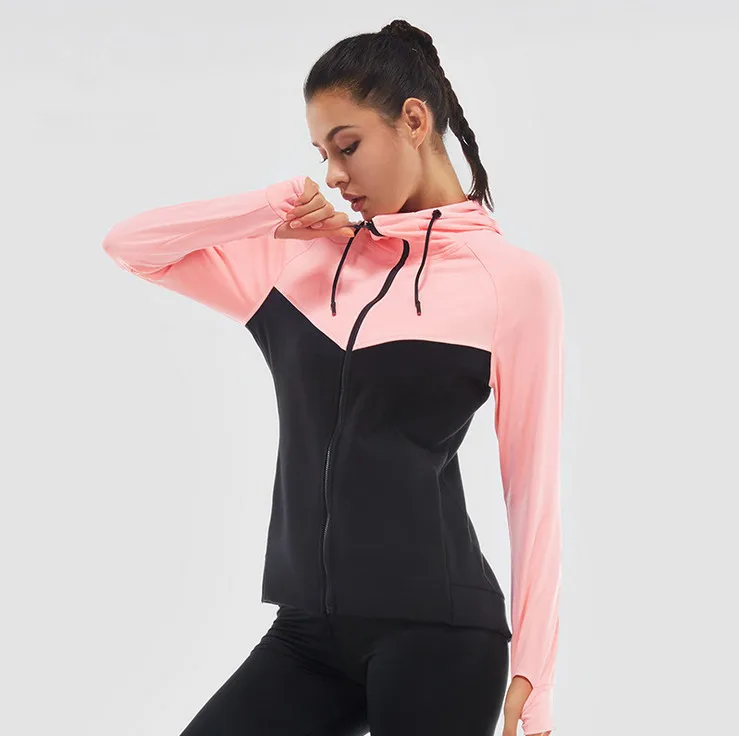 

Women Yoga Jacket Adjustable Hooded Zipper Sportswear Thumb Hole Fitness Tops Long Sleeve Loose Cotton Sports Clothes
