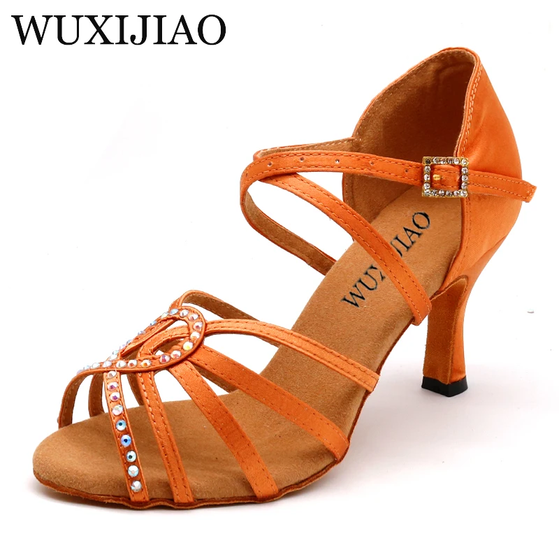 

WUXIJIAO New brown satin Latin dance shoes For Woman Ballroom Dancing Shoes Salsa Performance Dance Shoes heel 5cm-10cm