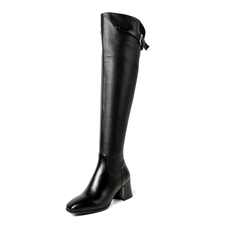 2016 Genuine Leather Thigh High Women Boots High Quality Cow Leather Thick Heels Fall Winter Boots Buckle Zip Shoes Woman