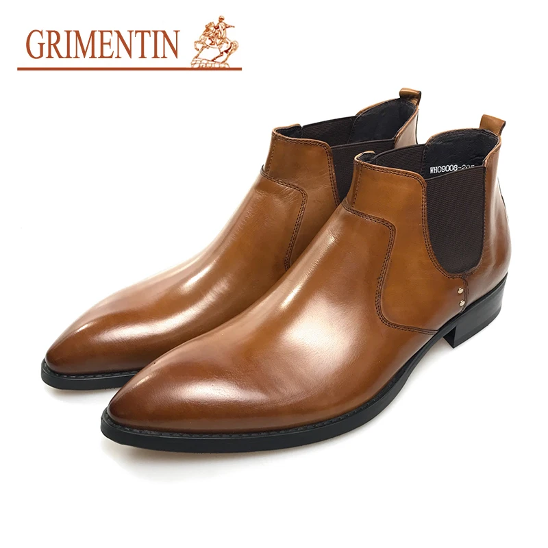 Grimentin fashion men ankle boots genuine leather orange slip on business formal shoes
