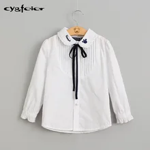 Белая блузка с принцессой для девочек; кружевная хлопковая однотонная одежда для маленьких девочек с объемной вышивкой; школьные рубашки с длинными рукавами