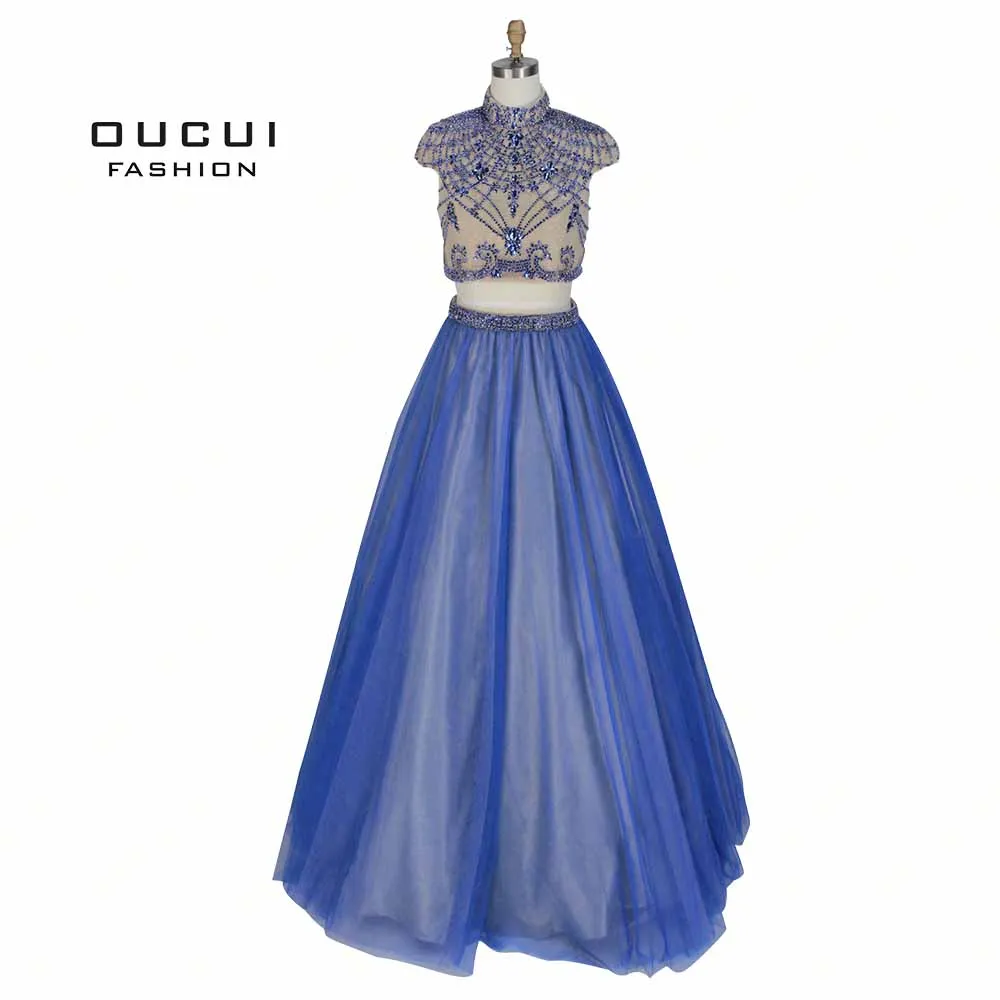 Реальные фотографии Кепка бальное платье с рукавами длинное вечернее платье со стразами платье из двух частей Высокий воротник тюль бисер ручной работы OL102990 - Цвет: Blue