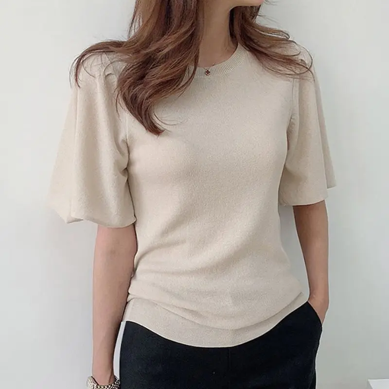

Summer Office Ladies Japan Style Elegant Beige Sweater Women Slim Pullover Plain 2019 Female Vintage Fashion Sweet Retro Tops