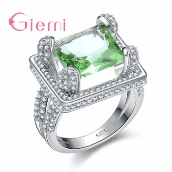 

Classic Wedding Party Jewelry Fashion 925 Sterling Silver Women Rings Rhinestone Square Green Crystal Stone Female Anel