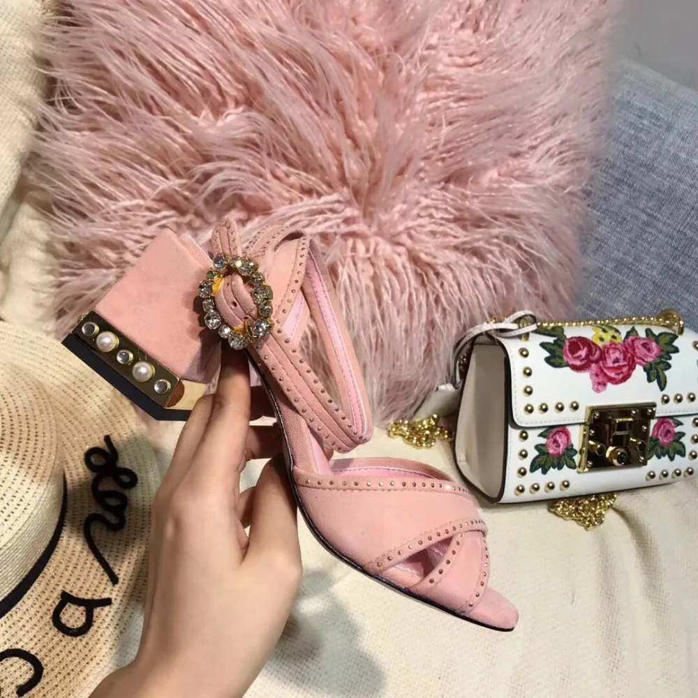 

JUNBIE Pink Black Genuine Leather Crystal Studded Women Summer Sandals Sexy Open Toe Buckle Strap Women HIgh Heels Shoes Women