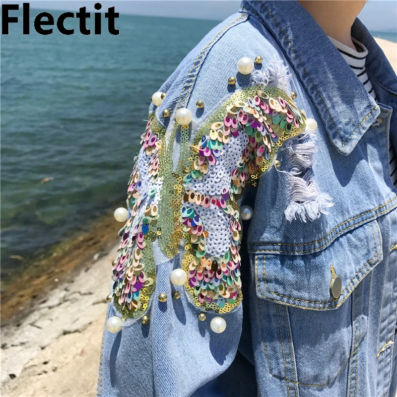 Flectit Studded Pearl& Sequin Denim Jacket Women Jeans Jacket Vintage 80s Oversize Long Sleeve Basic Jackets Plus Size 5XL