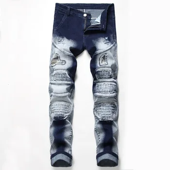 

High Street Motorcycle Patch Elastic Jeans New Fashion Men Straight Holes Jeans Mens Hip Hop Ripped Slim Denim Pants Snow Wash