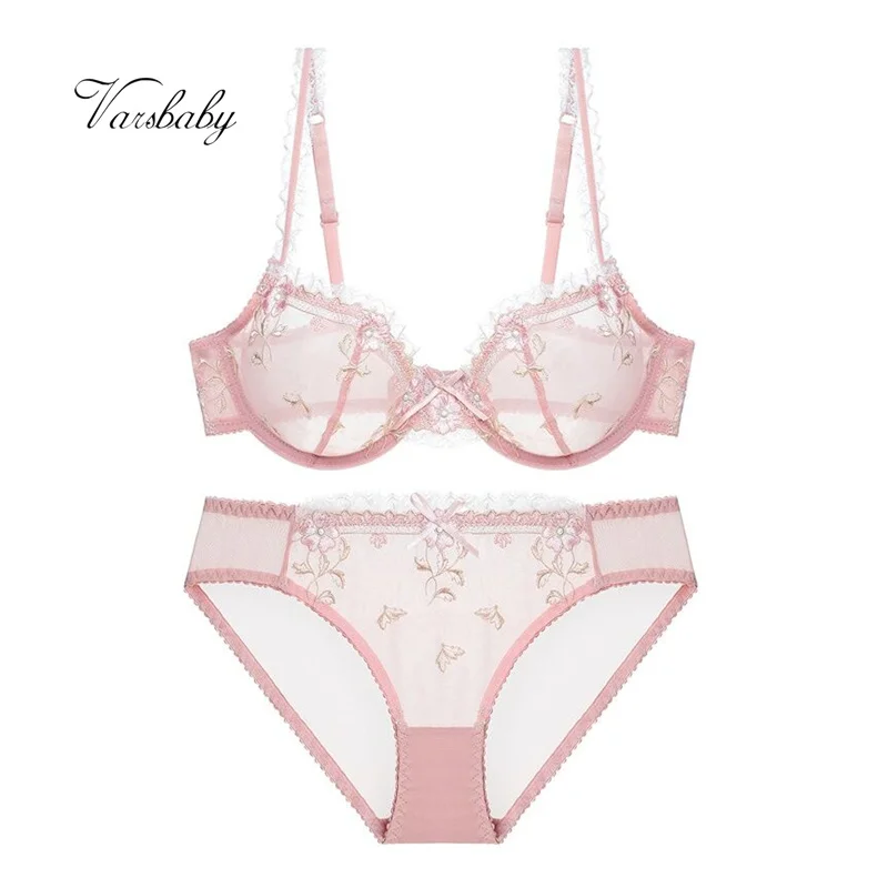 

Varsbaby sexy embroidery transparent bow underwear set unlined back closure bra set for women