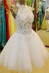 2016 бальное платье элегантный высокая шея рукавов блестками аппликации колен свадебные платья vestido де noiva короткие свадебные платья
