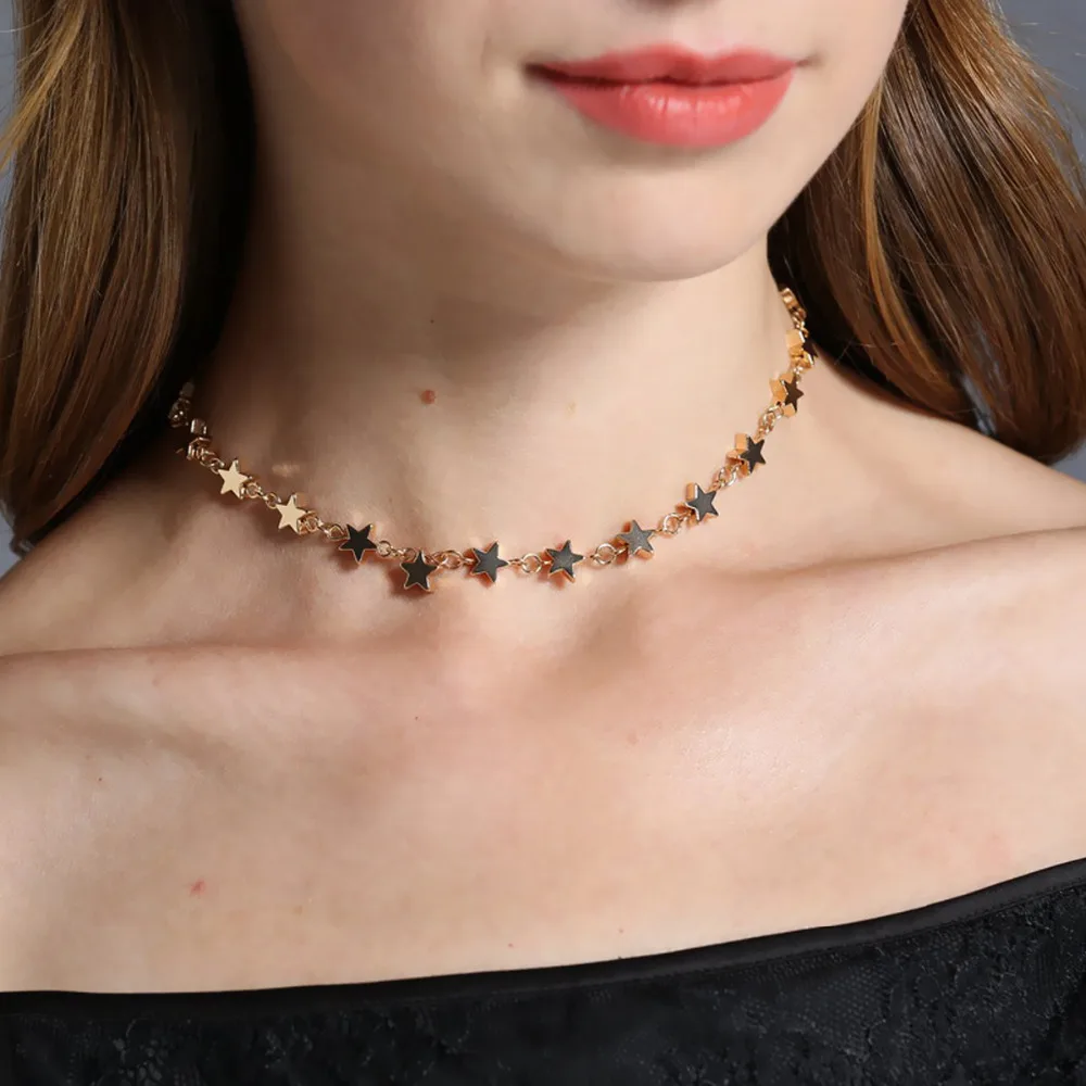 

IngeSight.Z Fashion Copper Stars Link Chain Women Choker Necklace Neck Collar Jewelry Statement Gold/Silver Color Necklace
