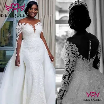 

Lace Appliques Sheer Neckline Bride Dress Illusion and Button Back African 2 in 1 Mermaid Wedding Dress w0595