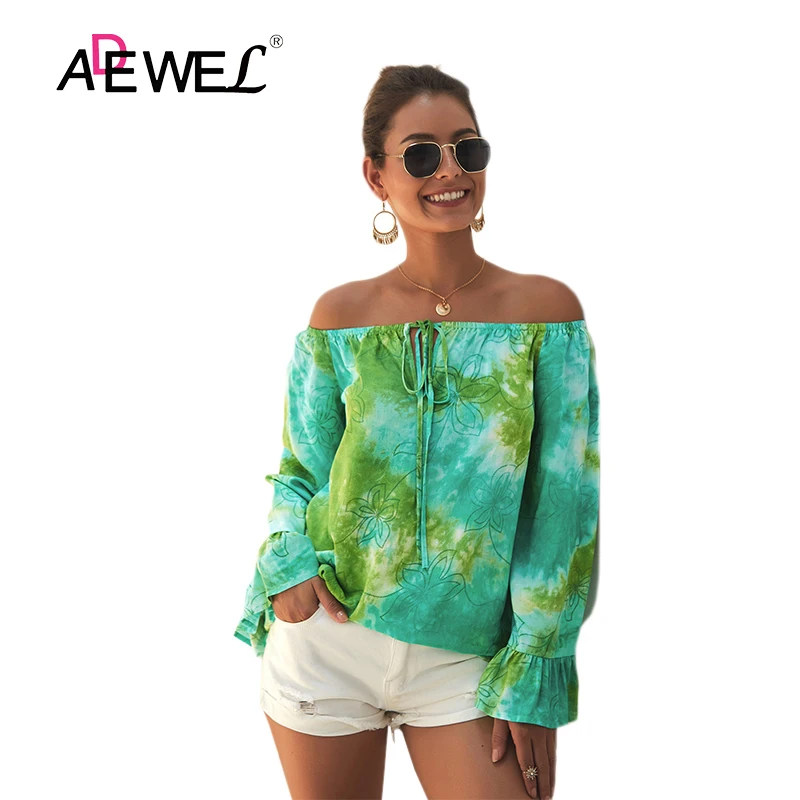 

ADEWEL Green Strapless Shoulder One Shoulder Tie Dyeing Camisetas Verano Mujer 2019 Tee Shirt Arc En Ciel Longsleeve Women Top