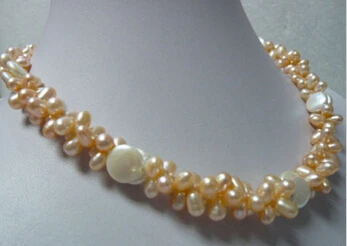 

Jewelr 004991 2 Rows Real Pink Pearl & White Button Coin Pearl 18KWGP Clasp Necklace