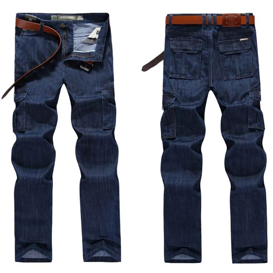 Модные джинсы Брюки-Карго Для мужчин Брендовые джинсовые штаны прямые Свободные мешковатые непринужденные брюки с большими карманами синий плюс Размеры Для мужчин одежда - Цвет: Deep Blue