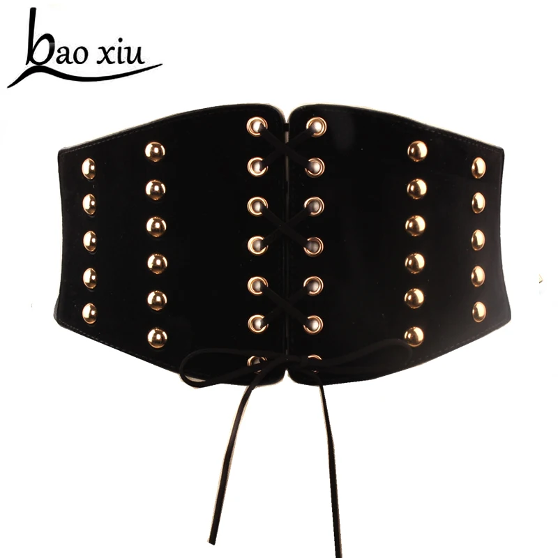 Brand Wide Black Vintage Gothic Corset Belt Faux Leather metal Rivet