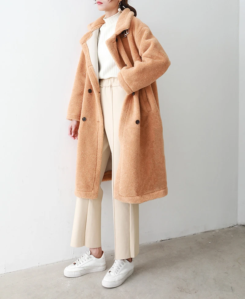 Зимнее женское пальто из искусственного меха двубортное пальто офисное женское свободное плотное теплое флисовое длинное пальто из искусственного меха Верхняя одежда