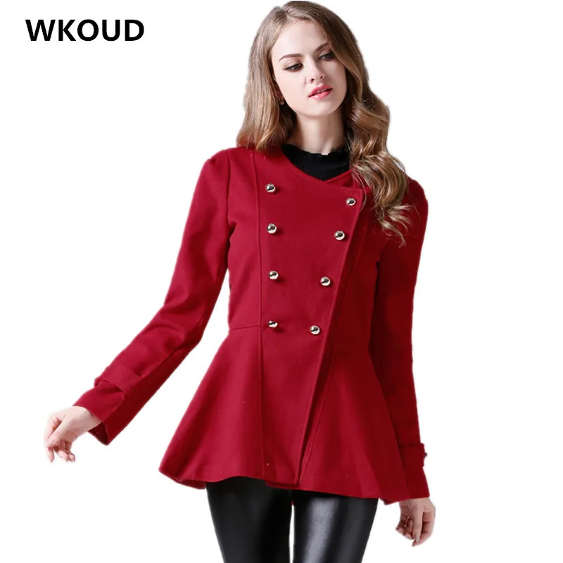 WKOUD 2018 Winter Wool Coats For Women Red Double Breasted Skirt Coat