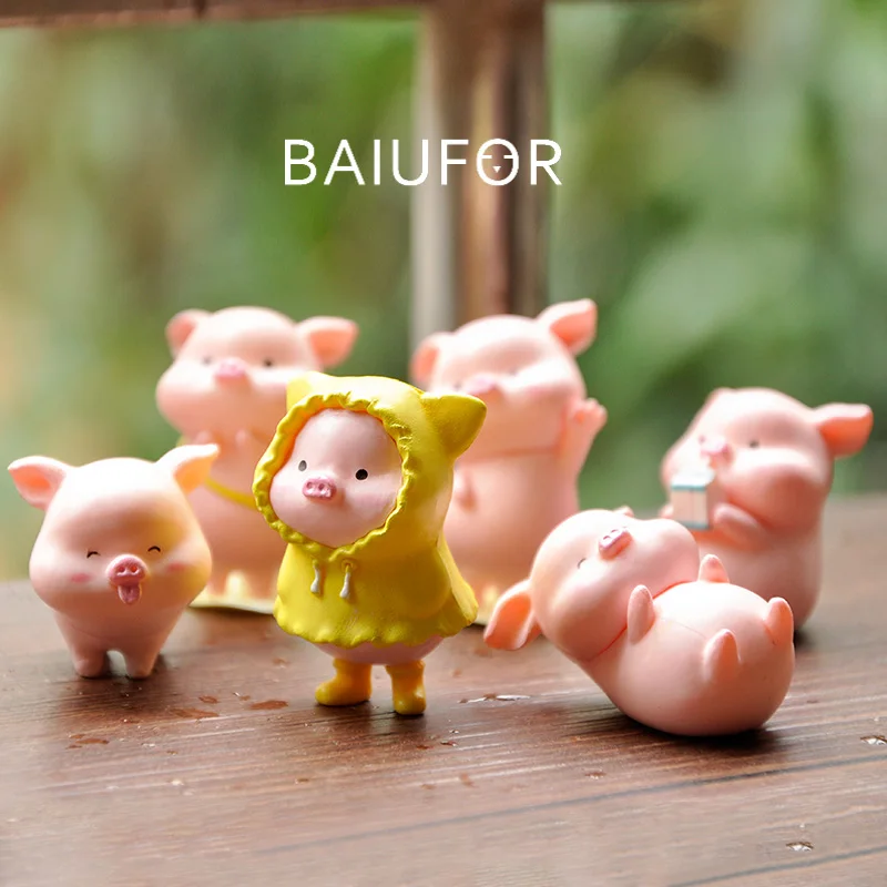 

6pcs BAIUFOR Animal Miniatures Lovely Cartoon Pig Fairy Garden Micro Moss Landscape DIY Terrarium Figurines Children Toys Gift