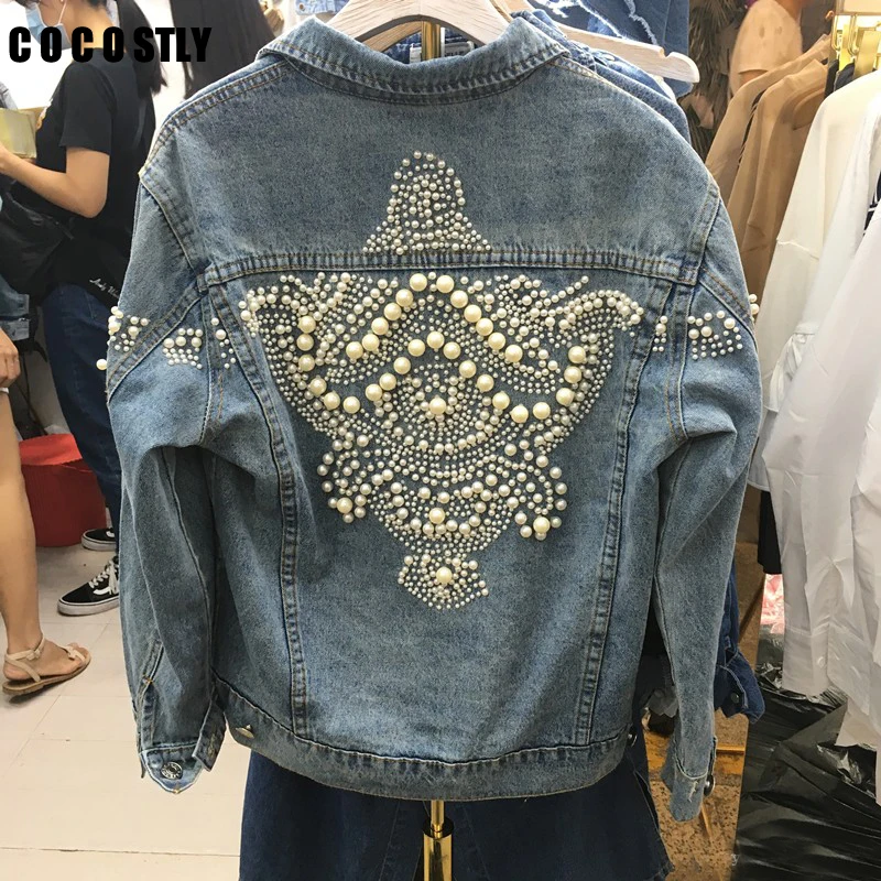 discount Vintage Women Jean Jacket Pearls Beading 2019 Spring Long Sleeve Pockets Denim Jackets Women Loose