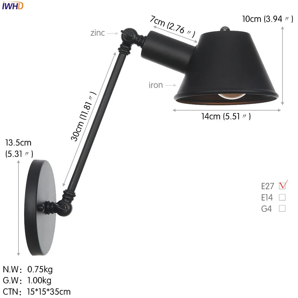 IWHD черный железный промышленный светодиодный настенный светильник, Светильники для спальни, ванной комнаты, зеркало в стиле лофт, винтажный настенный светильник с аппликацией Эдисона Murale - Цвет абажура: Black