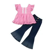 Новинка; повседневные топы с кружевным бантом для маленьких девочек; флисовые джинсовые штаны; Джинсовая одежда; летняя одежда