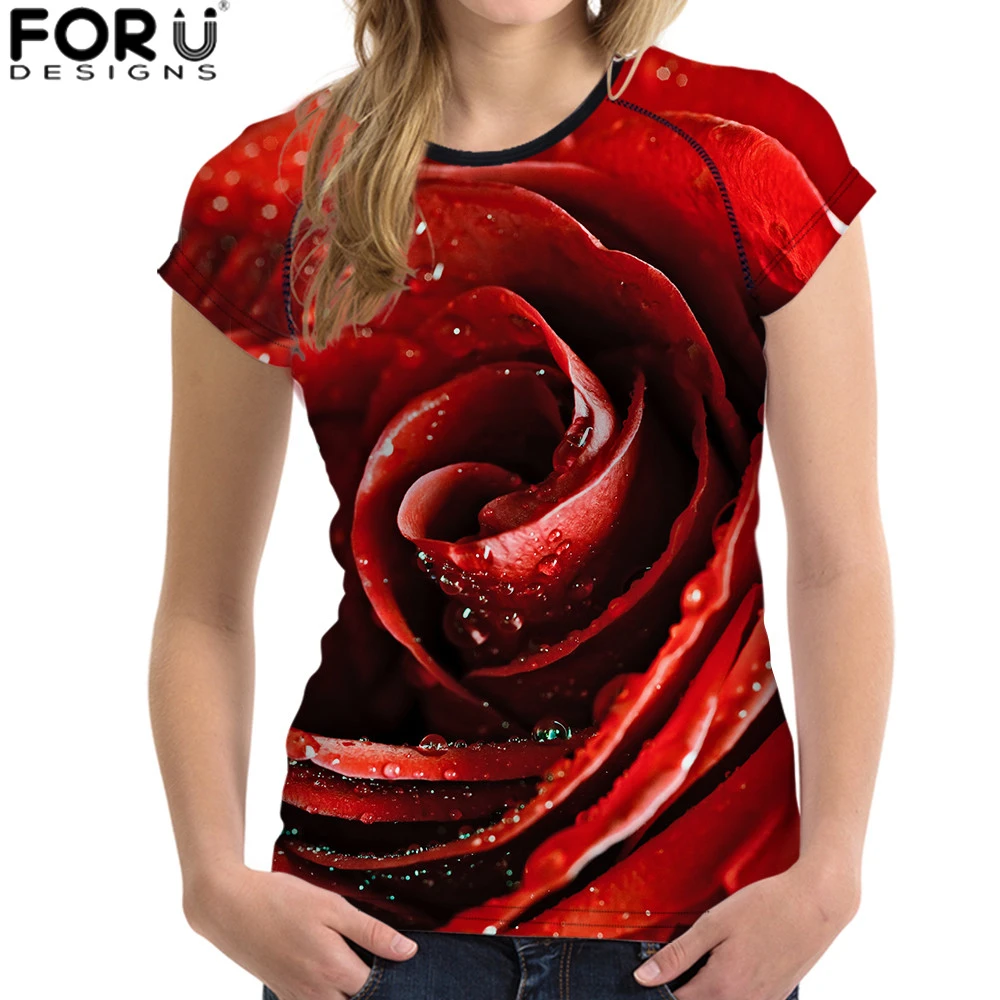 FORUDESIGNS/женская летняя одежда Сексуальная футболка с принтом розы топы женская