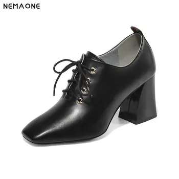 

NEMAONE Genuine Leather lace up women pumps Classic Spring Autumn High Heels Women Shoes large size 43