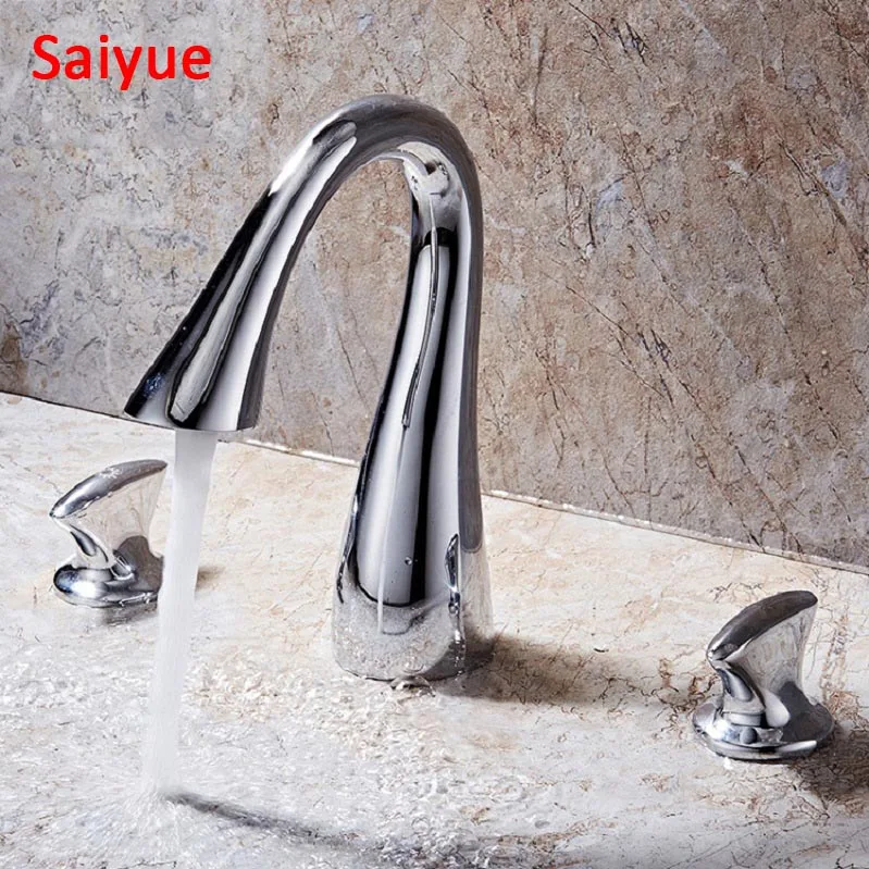 

Wholesale And Retail Modern Spout Basin Bathroom sink Faucet Dual Handle Mixer Deck Mounted widespread 3pcs set chrome gold Tap