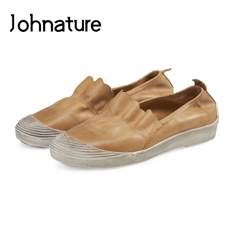 

Johnature 2019 New Spring/Autumn Genuine Leather Sewing Casual Round Toe Shallow Slip-on Fisherman Flat Platform Women Shoes
