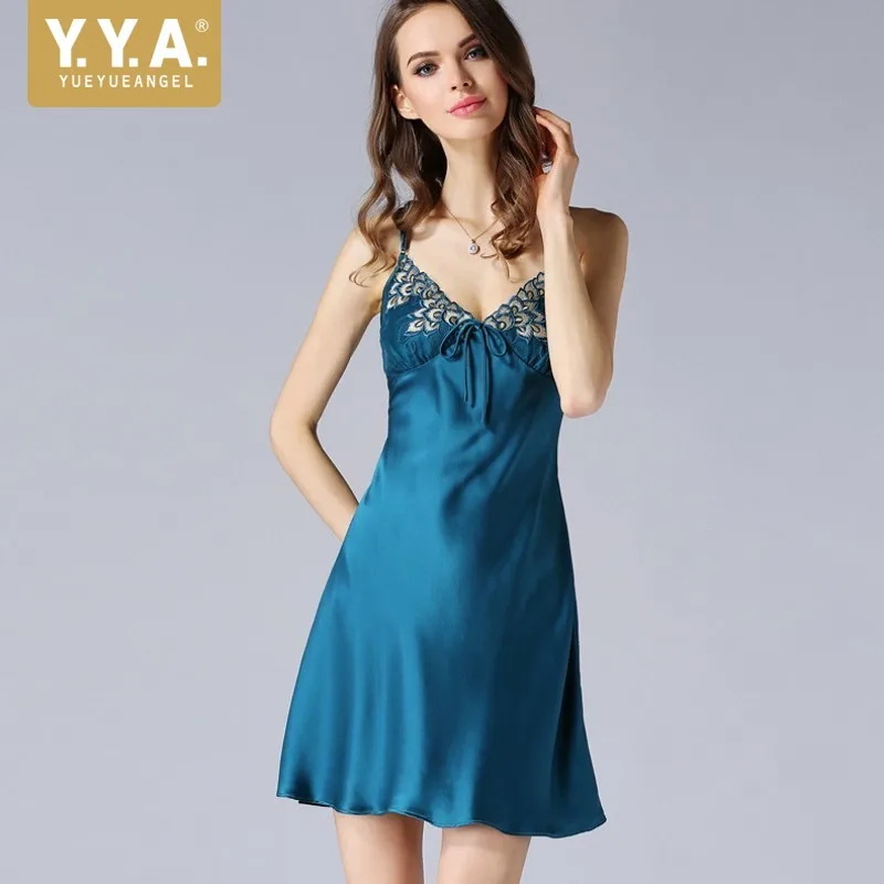 

European Women Sexy Floral Embroidery V Neck Nightgown Homewear Real Silk Peignoir Strap Slim Fit Sleep Pyjamas Satin Nightdress