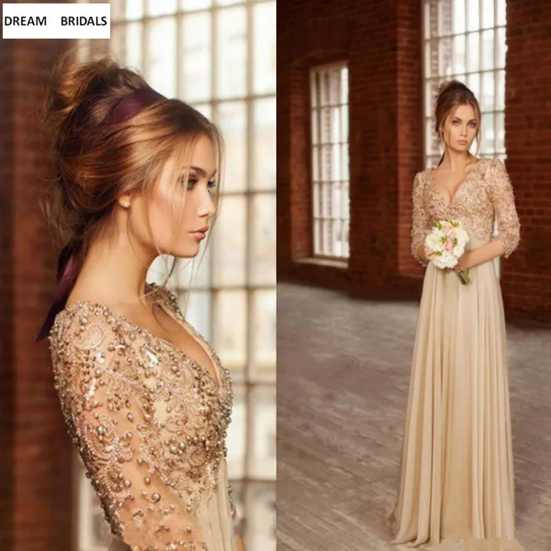 Chamgane Pearls Lace Evening Gowns Muslim Long Sleeves A-Line Arabic Evening Prom Party Dresses 2019 Free Shipping Vestidos