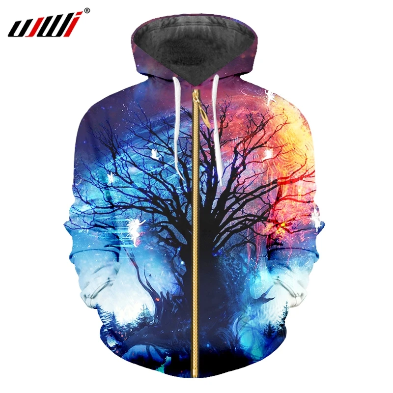 UJWI 2019 Man On Sale Popular Zip Hoodies 3D Printed Colorful Starry Tree Summer Men's Casual Long sleeve coat Drop Shipping | Мужская