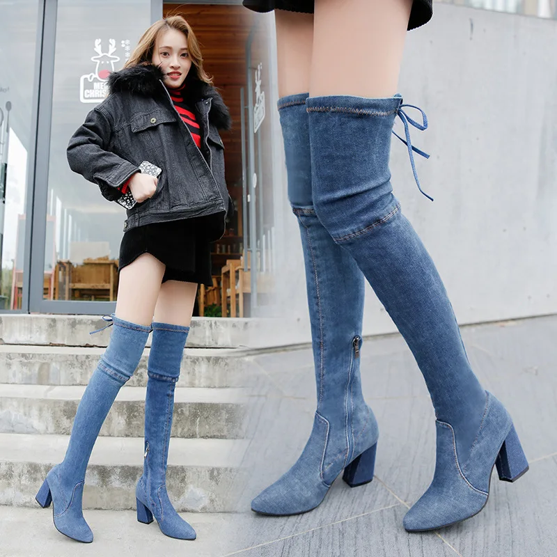 Med genou pu Bout Élastique Longues Pour En Bleu Femmes the De Hiver Chaussures Ciel Over Carré Jean Bottes Pointu Talon Bande Denim Automne Solide lKc1JTF