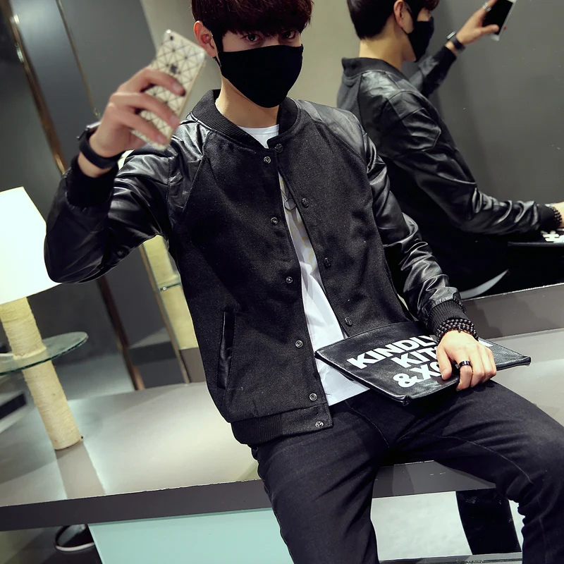 2018 Men PU Leather Sleeve Jacket Black Khaki Stand Collar Slim Fit Baseball Jackets 2018 Men PU Leather Sleeve Jacket Black Khaki Stand Collar Slim Fit Baseball Jackets